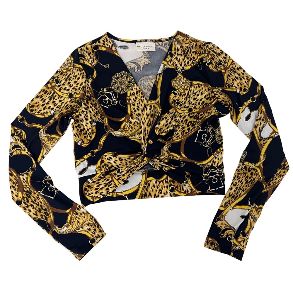Nylon Apparel Womens Baroque Animal Print Twist Front Long Sleeve Crop Top Large